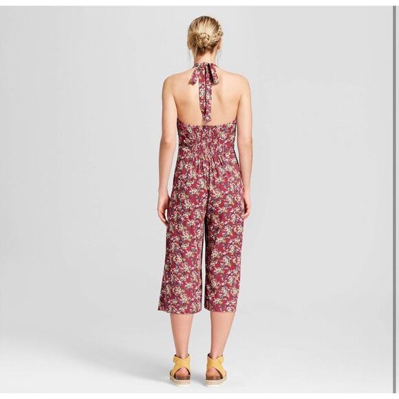 Xhilaration Funky Boho Floral Print Halter Overall Jumpsuit Pockets - Small - Picture 2 of 7